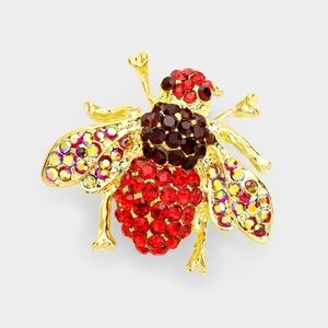 Red Gold Rhinestone Crystal Honey Bee Brooch Pin Fashion Accessory